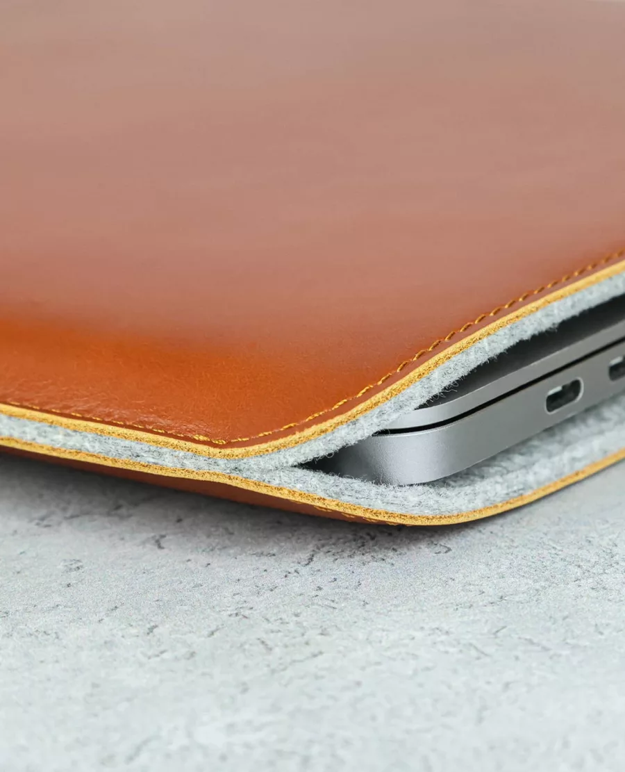 casemade tan leather macbook sleeve close up