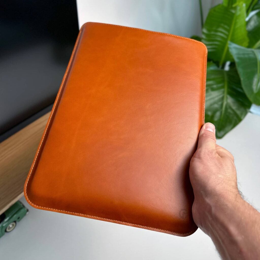 casemade leather laptop sleeve in hand tan brown